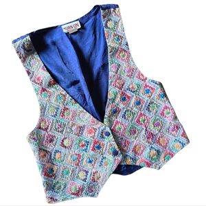 Vintage Embroidered Boho Vest Flowers Multi Color Size Medium